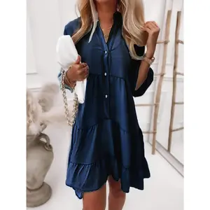 QYGOOD Lady's Non-Stretch Denim-Like Short-Sleeve Dress - Button-Front V-Neck, Flared Hem, Structured Fit, Solid Color - Casual Wear for Spring/Fall Everyday & Formal Events