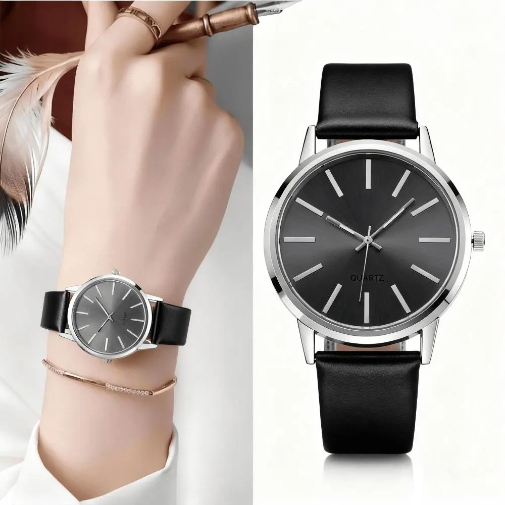 Women Men's Analog Quartz Watch, Minimalist Silver-Tone Round Dial Wristwatch with Soft Leather-Look Strap, Casual Dress Watch for Daily Wear