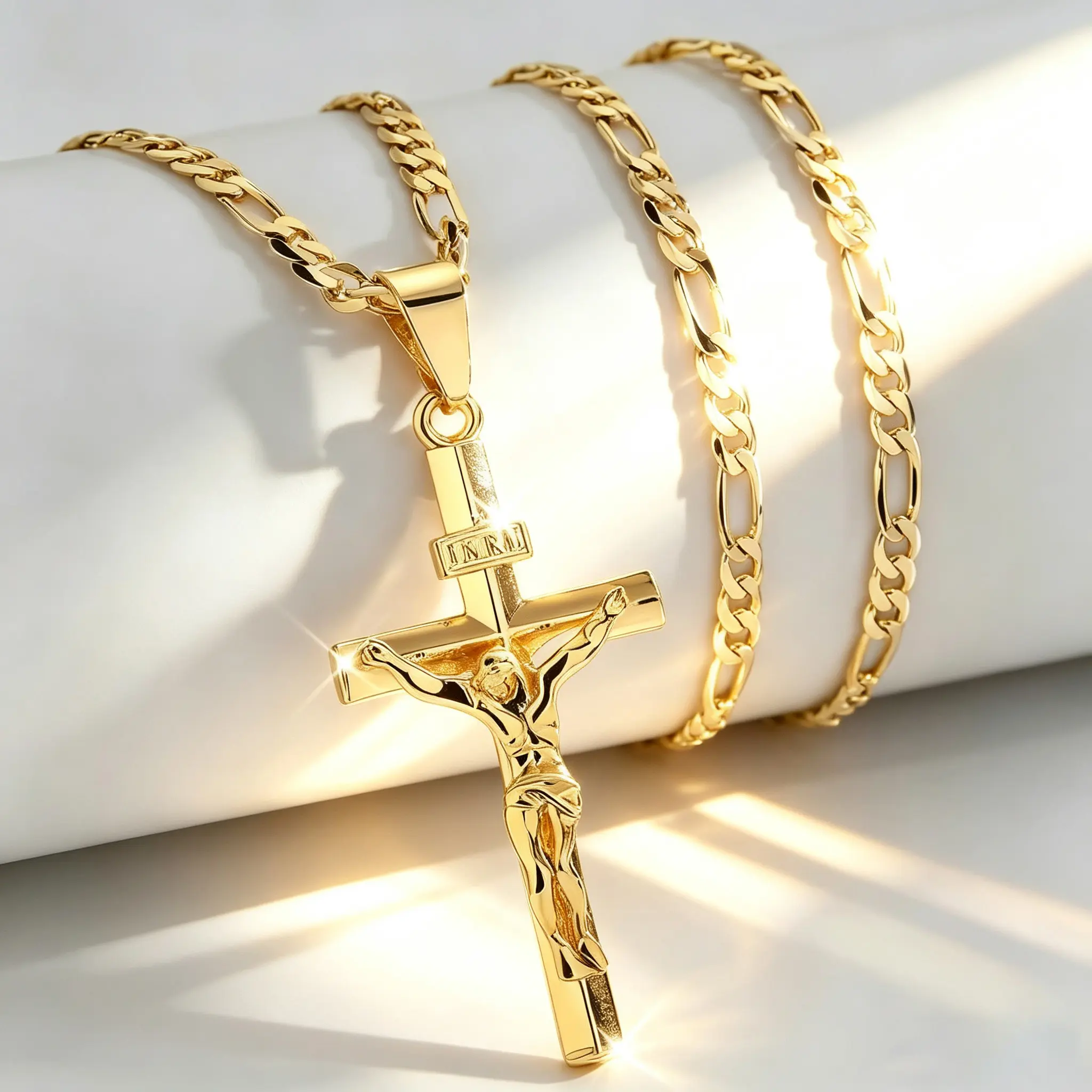 14K Gold Plated Jesus Crucifix Pendant Necklace for Men, Vintage style Smooth 22 Inch figaro chain religious jewelry Christian elegant Jewelry – Ideal for Prayer, Holiday Blessings & Everyday Wear, Durable Faith Gift