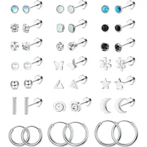 LOLIAS 21Pairs Surgical Steel Flat Back Stud Earrings Hypoallergenic 20G Screw Back Nap Stack Cartilage Earring Stacks