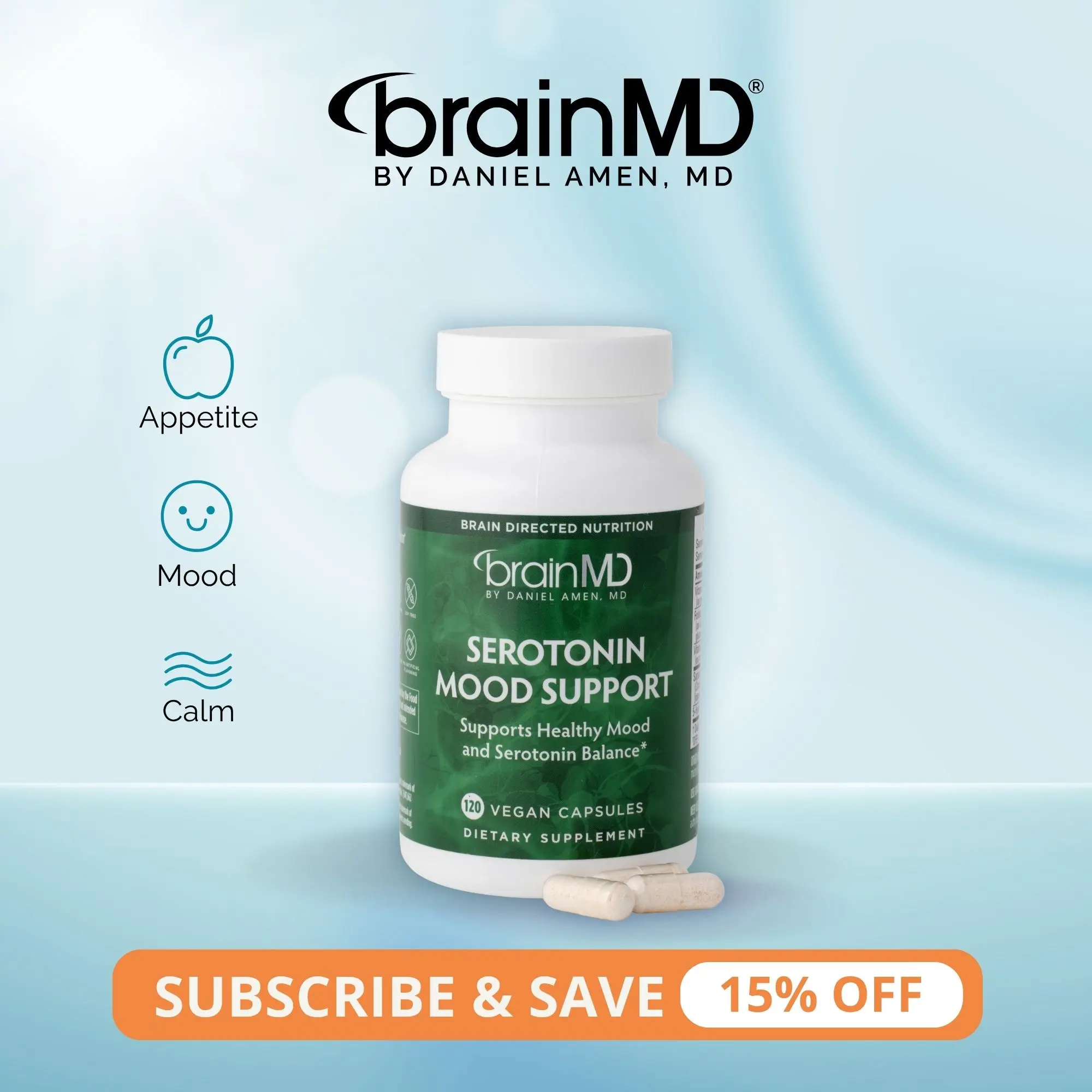 Serotonin Mood Support | BrainMD | 120 Capsules | Mood & Emotional Balance Support | Calm Focus & Healthy Appetite Support | Satiereal Saffron Extract with 5-HTP