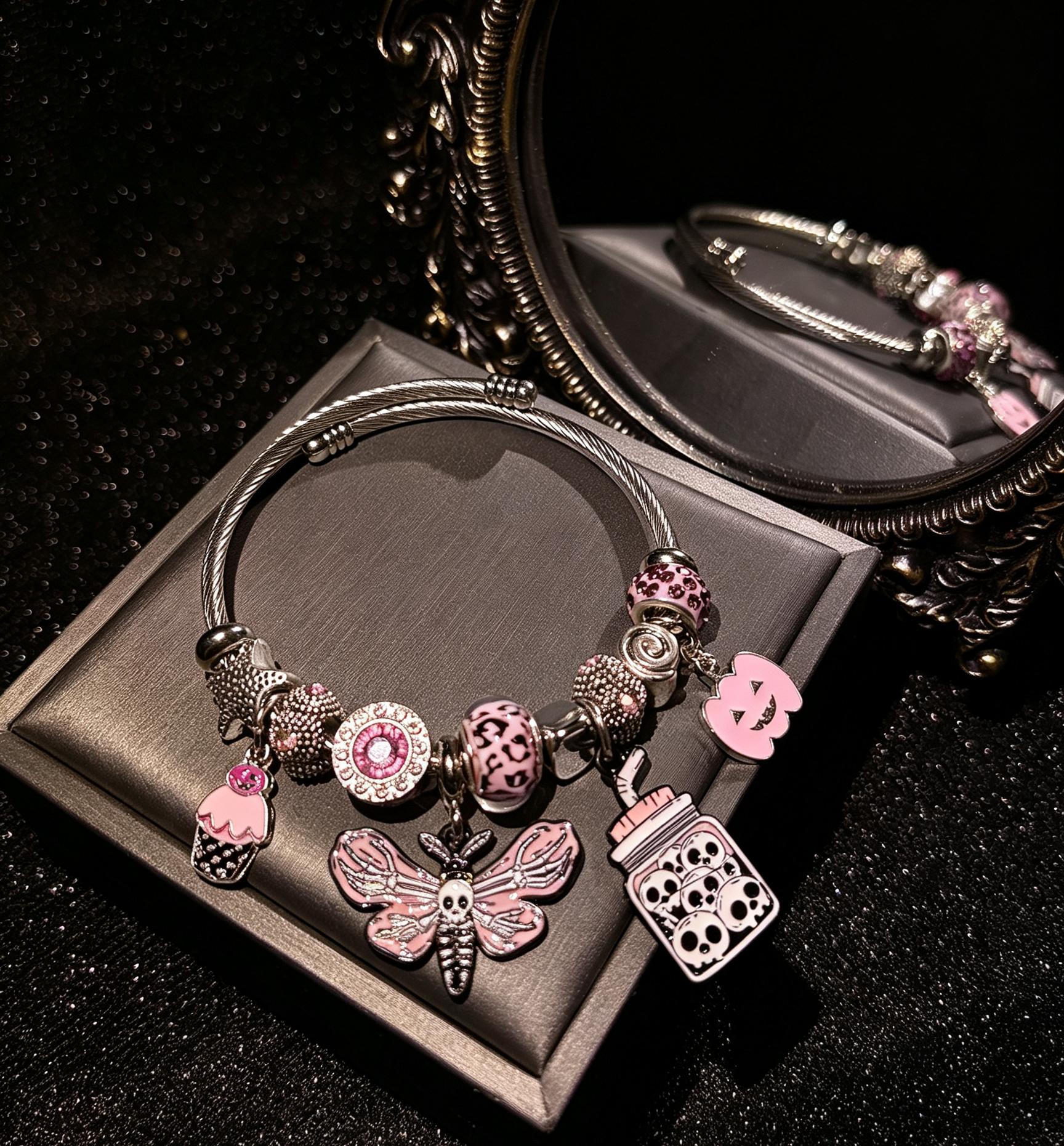 Silver Tone Halloween Pink Skull Moth Charm Bangle, Pink Pumpkin & Skull Jar Enamel Beaded Bracelet, Gothic Spooky Adjustable Cable Wire Bracelet Jewelry for Women Silver Tone Halloween Pink Skull Moth Charm Bangle, Pink Pumpkin & Skull Jar Enamel Beaded Bracelet, Gothic Spooky Adjustable Cable Wire Bracelet Jewelry for Women
