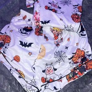 【Halloween】Retro Strawberry Girl Halloween Collared Pajama Set | Cute 80s Nostalgic Cartoon & Pumpkin Print Sleepwear | Soft Short Sleeve Button Down Lounge Outfit | Fun Summeroween 2-Piece PJs with Black Piping Pj Sets