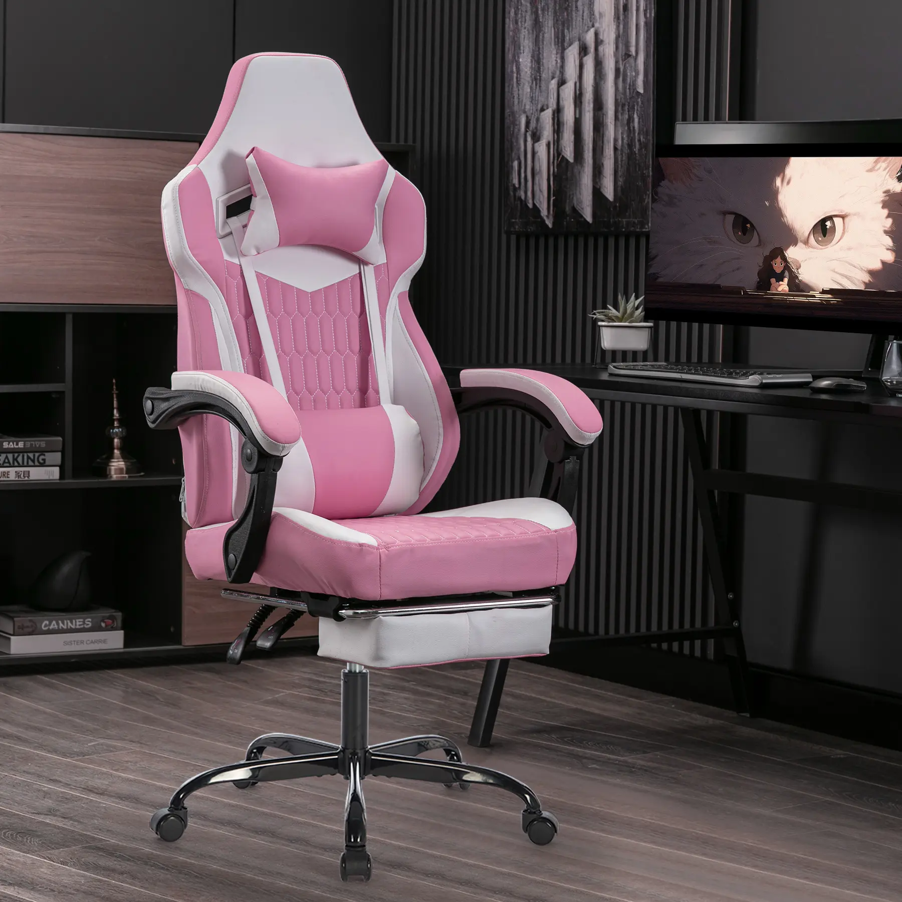 Racing Style Gaming Chair with Footrest - High-Back PVC Leather Ergonomic Seat, Adjustable Headrest & Lumbar Support, Multi-Use Office/Home Chair (Pink), Office Chair