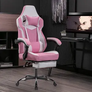 Racing Style Gaming Chair with Footrest - High-Back PVC Leather Ergonomic Seat, Adjustable Headrest & Lumbar Support, Multi-Use Office/Home Chair (Pink), Office Chair