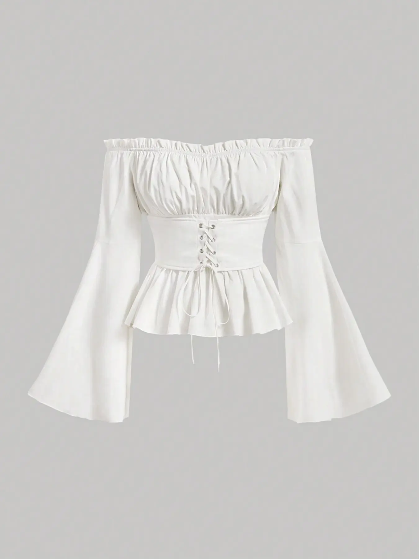 Ladies Off-Shoulder Waist-Tied Adjustable Fitted Top Blouse with Flare Sleeves, Flared Short Romantic Style for Spring & Summer, Unique Renaissance Inspired Fashion