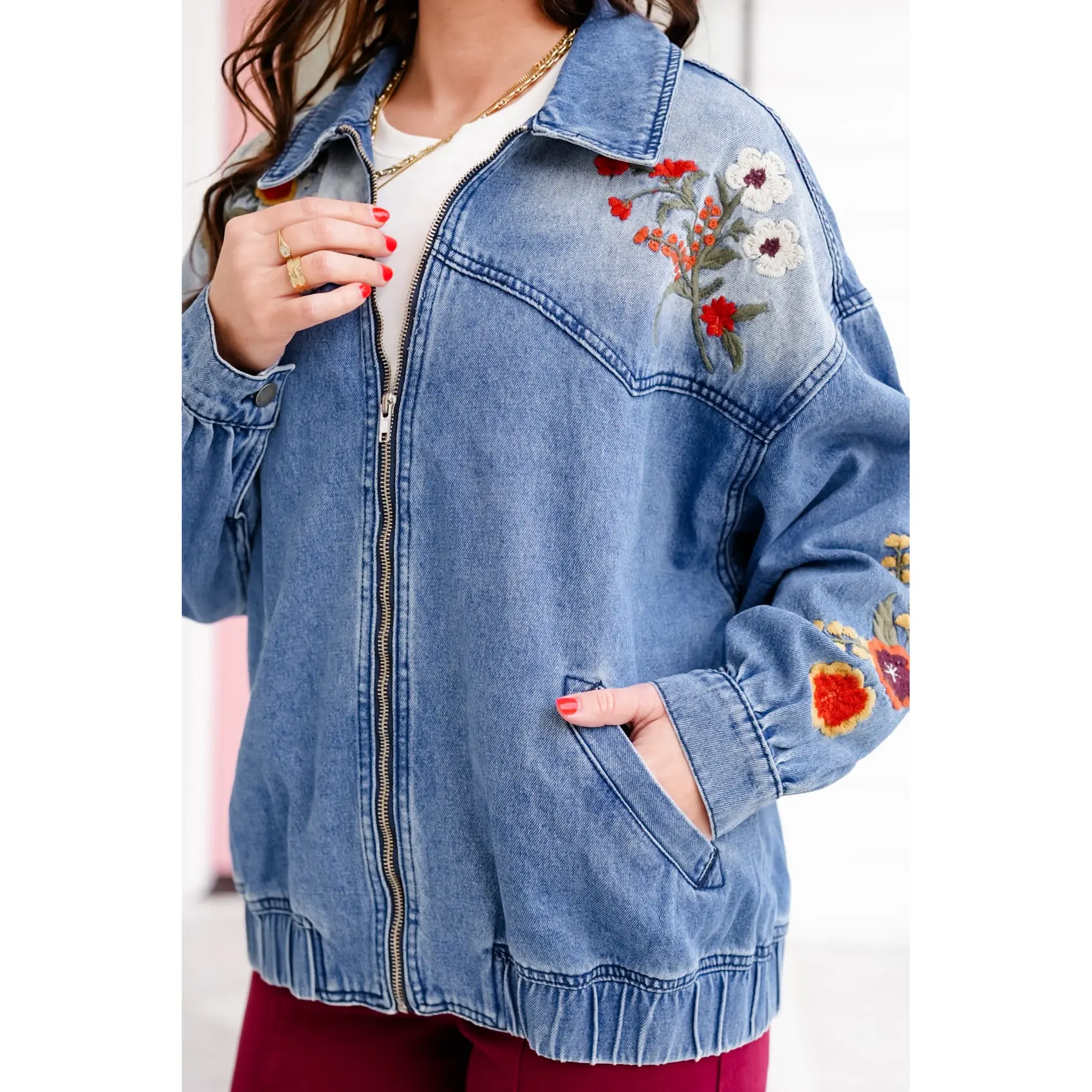 Floral Embroidered Long Sleeve Zip-Up Jacket