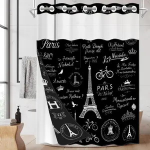 1pc hookless shower curtain with buckle lining, black and white Paris Eiffel Tower design 2D flat print, fabric waterproof lining, see-through double-layer shower curtain, 71 x 74 inches, modern home draping curtain, Shower Curtain Liner