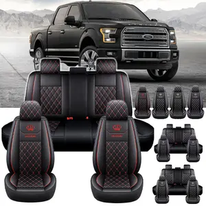 Full Set Premium PU Car Seat Covers with Red Stitching and Crown Logo for Ford F-150 - Complete Interior Protection