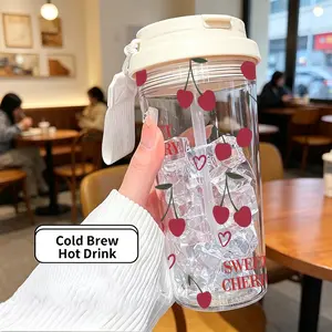 500ML Cherry Print Cup, Durable Reusable Plastic Bottle, Lightweight with Straw and Handle, Ideal for Cold and Hot Drinks, Perfect Gift