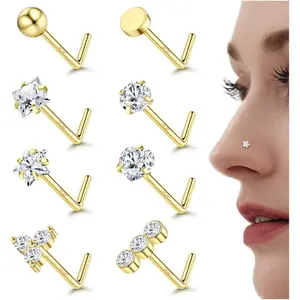 MILACOLATO 14K plated Gold Filled Nose Ring Studs Hypoallergenic 316L Surgical Stainless Steel Nose Rings 18G 20G L Shaped Nose Nostril Piercing Jewelry for Women Men, Body Piercing Jewelry