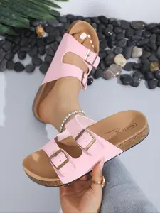 Women's Fashionable Double Buckle Design Platform Sandals, Casual Comfortable Flat Sandals for Summer, Lightweight Breathable Shoes for Daily Wear, Girl, Footwear