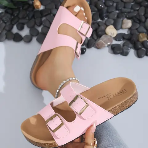 Women's Fashionable Double Buckle Design Flatform Sandals, Casual Comfortable for Summer, Lightweight Breathable Shoes for Daily Wear, Girl's Footwear, Elegant Minimalist Sandals, Stylish Casual Sandals, Fashion Slides