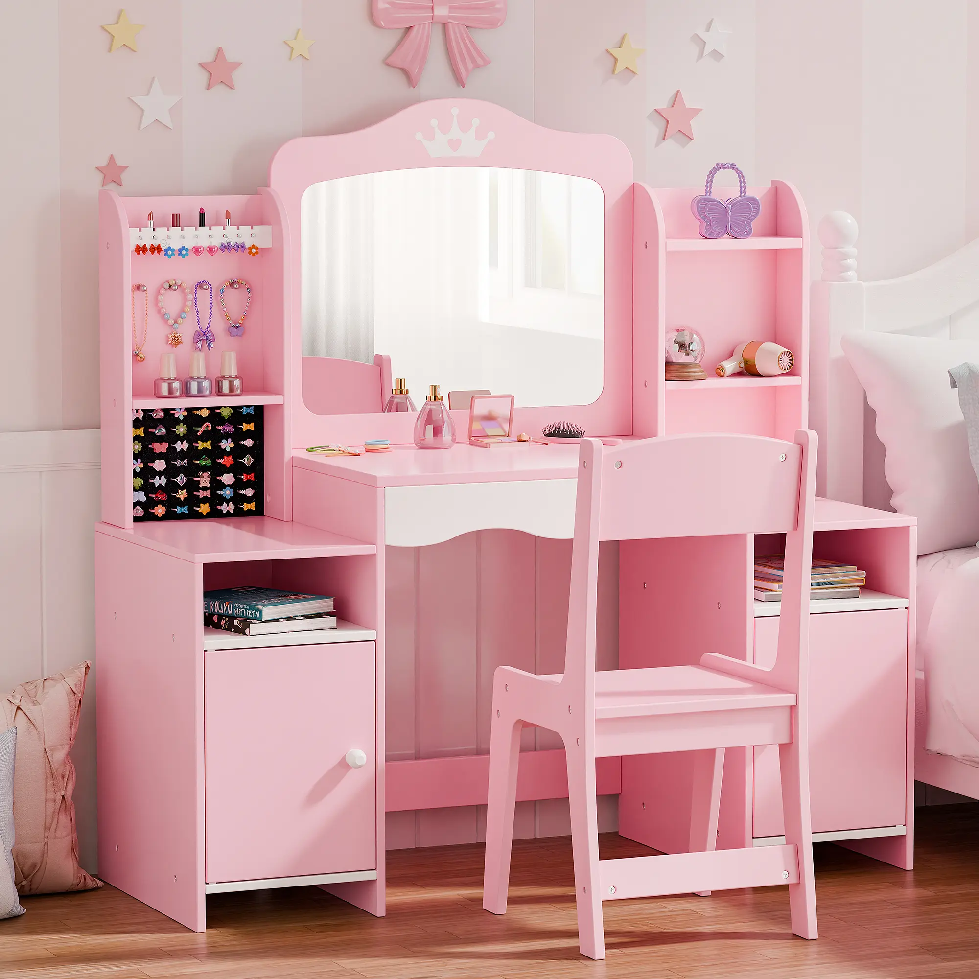 Topwin Blush Pink Dream Vanity Set/ Mirror & Free Throne Chair - 42-Slot Organizer Makeup Dressing Desk,dorm essentials,home decor