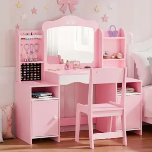Topwin Blush Pink Dream Vanity Set/ Mirror & Free Throne Chair - 42-Slot Organizer Makeup Dressing Desk