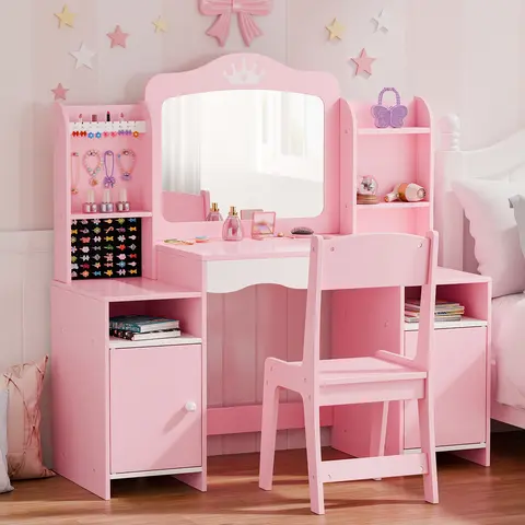 Topwin Blush Pink Modern Vanity Table Set - Makeup Dressing Desk with 42-Slot Hidden Jewelry Organizer, Crown Mirror, Free Velvet Sakura Crown Throne Chair for Viral Vanity Makeup Organization