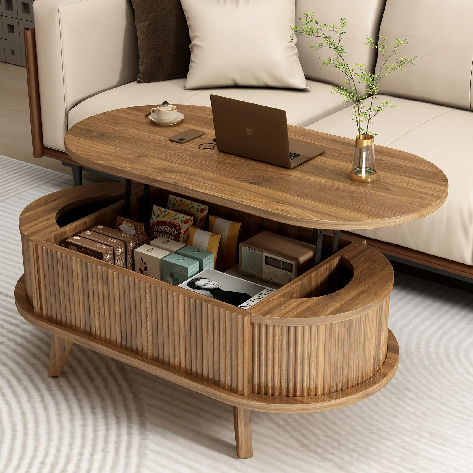 Walnut Brown Modern Fluted Lift Top Coffee Table with Hydraulic Rod, Hidden Compartment & Wooden Construction - Modern Furniture for Home Living Room, Indoor Center Table for Office