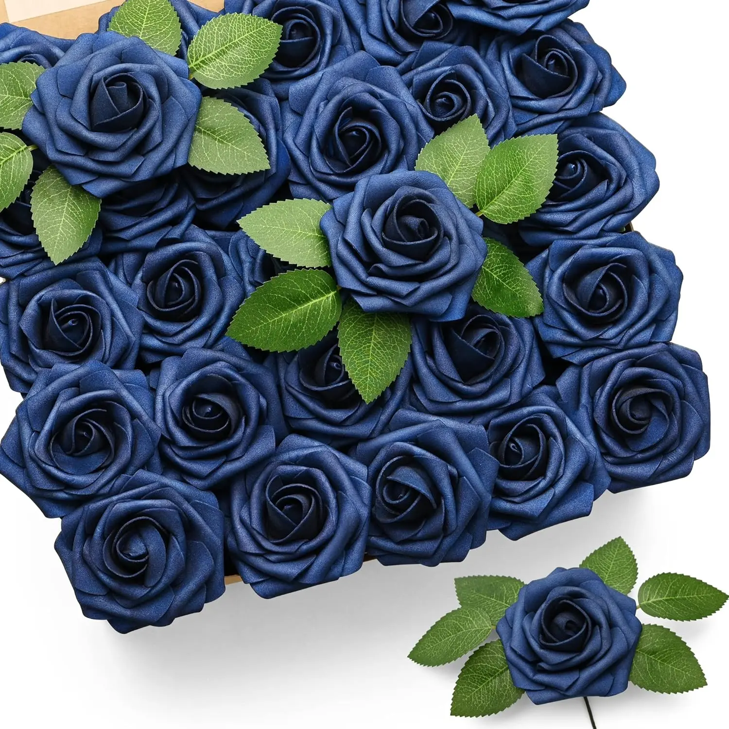 50pcs Navy Blue Artificial Roses Real Touch Foam Roses with Stems & Leaves - Bulk Fake Flowers Suitable for DIY Wedding Bouquets, Bridal Shower Centerpieces, Christmas Party Decorations, Plastic Roses for Home Floral Arrangements
