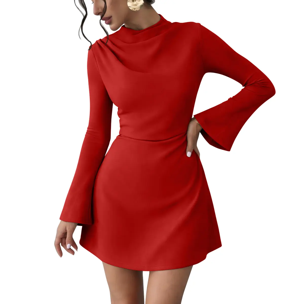 OYV Women's Bell Sleeve Mini Dress Elegant High Neck Ruched Flare Long Sleeve A-Line Cocktail Party Dress for Club Evening