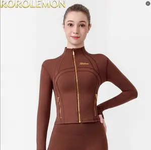 ROROLEMON Ladies Workout Jacket – Gold Zipper Long Sleeve Yoga Coat with Zippered Pockets