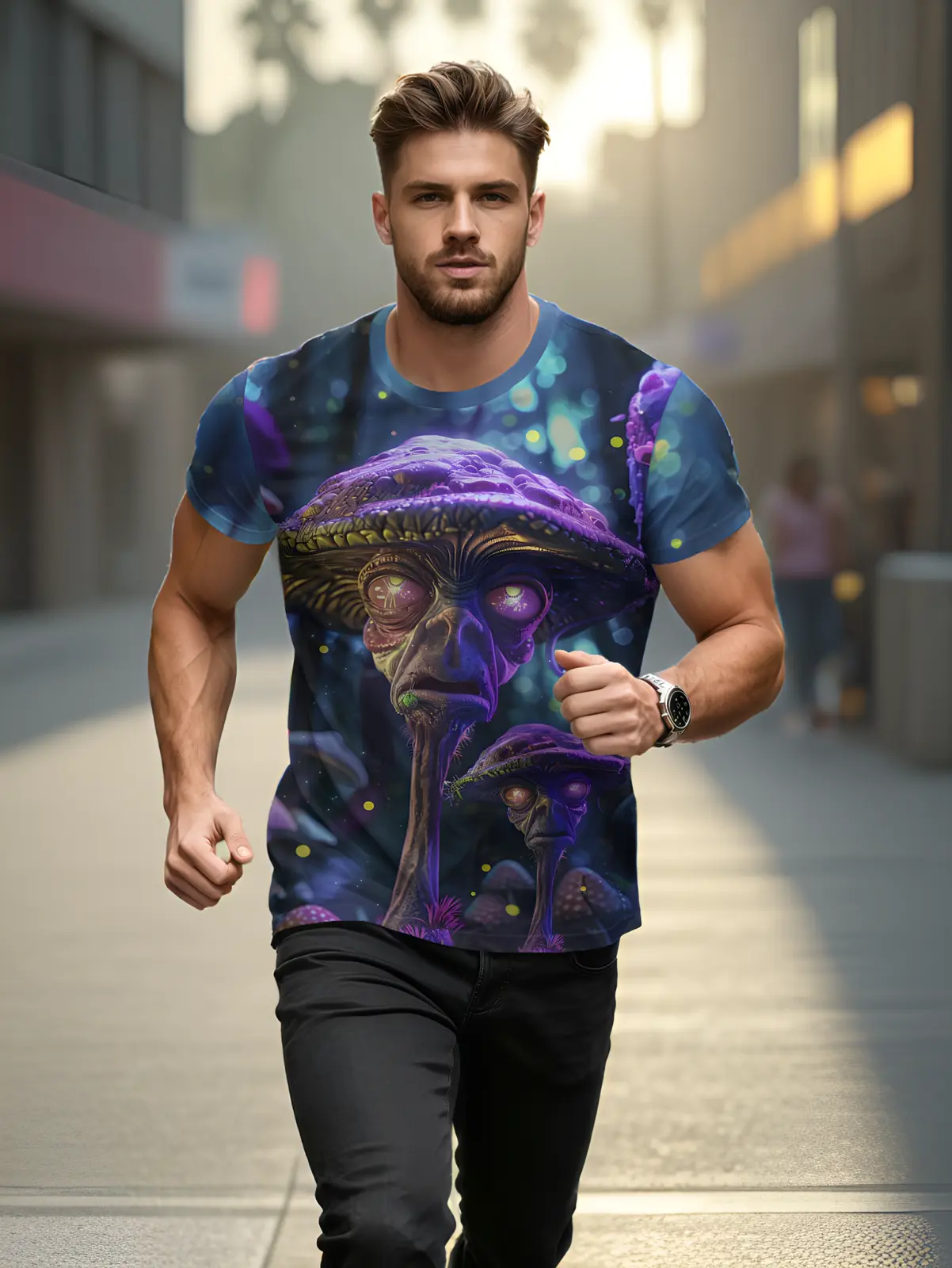 Men's Athletic T-Shirt in Breathable Polyester, Casual Shortsleeve Crewneck with a Glow-in-the-Dark Psychedelic Alien All-Over Print, Activewear, Menswear, Sports Clothes, Fabric