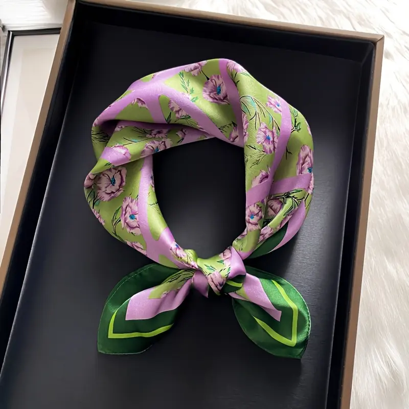 Women's Chic Floral Print Square Scarf, 27.5 x 27.5in Luxurious Neck Scarf, Breathable Non-Stretch Fabric Elegant Accessory, Neck Scarves, Square Head Scarf
