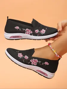 Women's Fashionable Floral Embroidery Sneakers, Casual Comfortable Breathable Mesh Sneakers, Female All-match Round Toe Shoes for Daily Wear, Lightweight Slip Ons