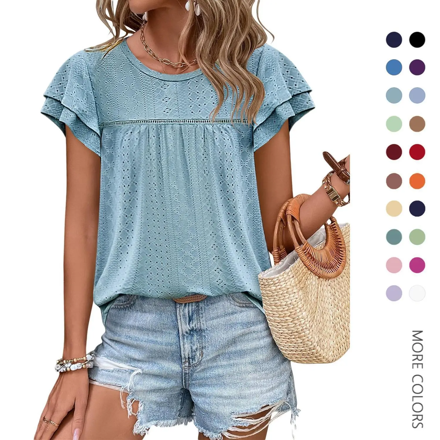 Imily Bela Womens Summer Tops Crewneck Eyelet Ruffle Sleeve Blouses Casual Babydoll Shirts 2025 S-2XL Fit Cute