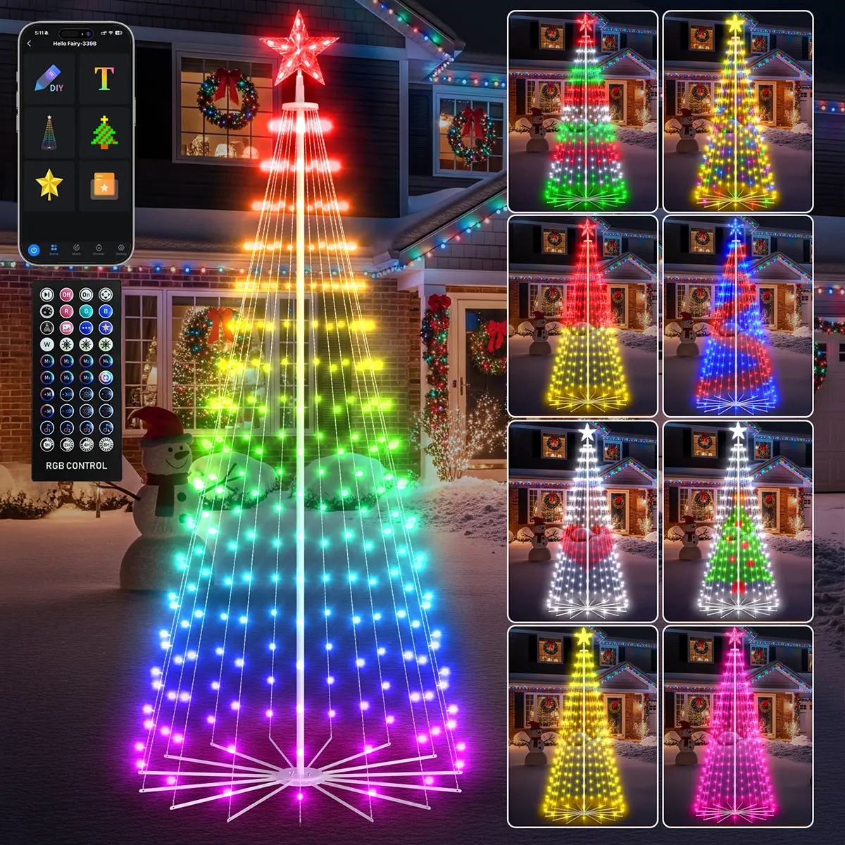 Avatar Controls 6FT/8FT/9FT/12FT Outdoor Christmas Cone Tree Decorations, Smart App-Controlled Pre-Lit Multicolor Christmas Trees with DIY Patterns, Remote Control, Music Sync, Timer, and Waterproof Magical String Lights for Yard and Festive Ornaments