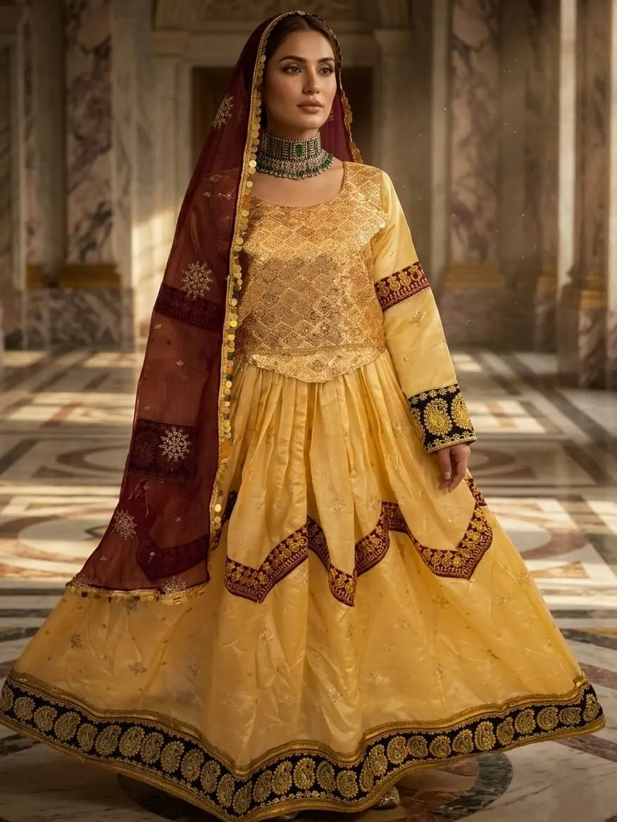 Traditional Golden Afghan Dress for Women, Elegant Long Sleeve 3-Piece Flowing Lehenga Set with Embroidery, Statement Fashion for Weddings and Parties, All Seasons