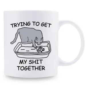 11oz Funny Cat Lover Ceramic Coffee Mug - 'Trying to Get My Shit Together' Design with Cat Illustration, Perfect Gift for Cat Mom, Dad, or Women, Reusable White Tea Cup with Handle, 1pc, Morning Coffee Cup |   Catthemed Mug |   Ceramic Mug