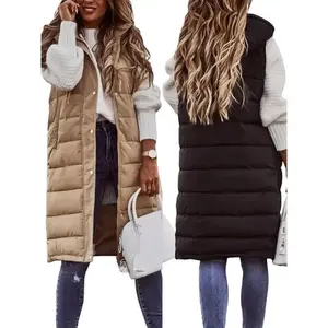 newarrivals Women Warm Keeping Long Gilet Solid Colour Sleeveless Zipper Puffer Jacket Hooded Waistcoat Midi Length Down Vest Thicken Quilted Coat Padded Outwear Streets