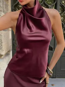 Womens Satin Halter Top Elegant Formal Silky High Neck Draped Camisole Sleeveless Luxury Blouse Smooth Glossy Party Evening Top Chic Minimalist Date Night Outfit Lightweight Breathable Premium Fabric Fashion Going Out Top