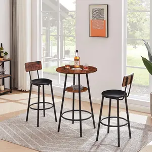 Garvee 3 Piece Round Bar Stool Set with 2 Upholstered Backrest Stools and 1 Bar Table Featuring Shelves, Rustic Brown Finish, Dimensions 23.62''W x 23.62''D x 35.43''H