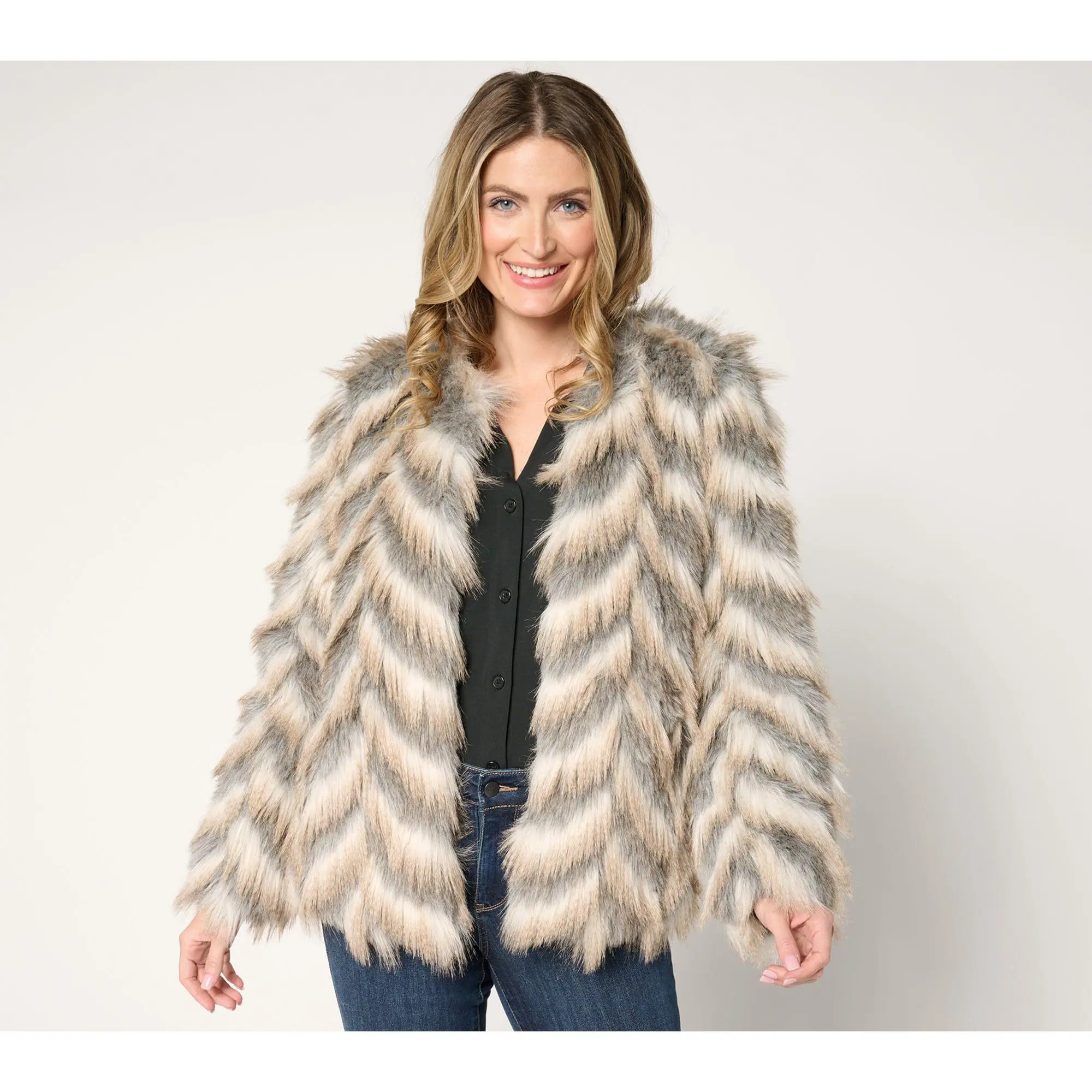 Donna Salyers Fabulous Furs Tibby Collarless Faux Fur Coat