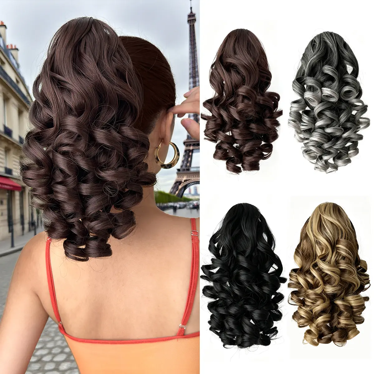 HEYPINK Women's 14-In Synthetic Deep Wave Claw Ponytail Extension, Black Brown, Heat-Resistant Fiber Hairpiece for Party/Daily Use
