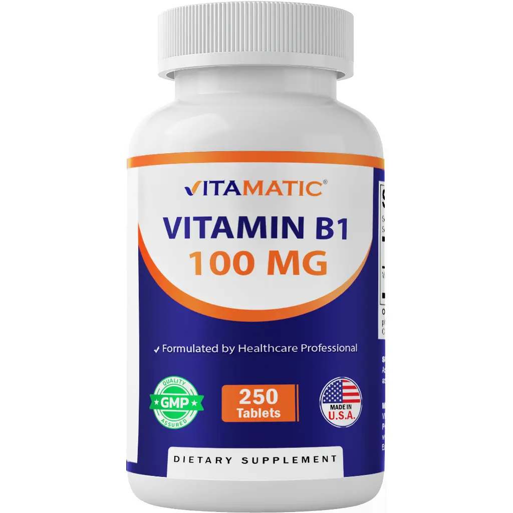 Vitamatic Natural Vegetarian Vitamin B1 Supplements (100mg) - 250 Tablets, GMP-Certified, USA-Made, Non-GMO, Gluten-Free for Energy Production, Heart Health, Natural Supplements, Vegetarian Vitamins Supplements