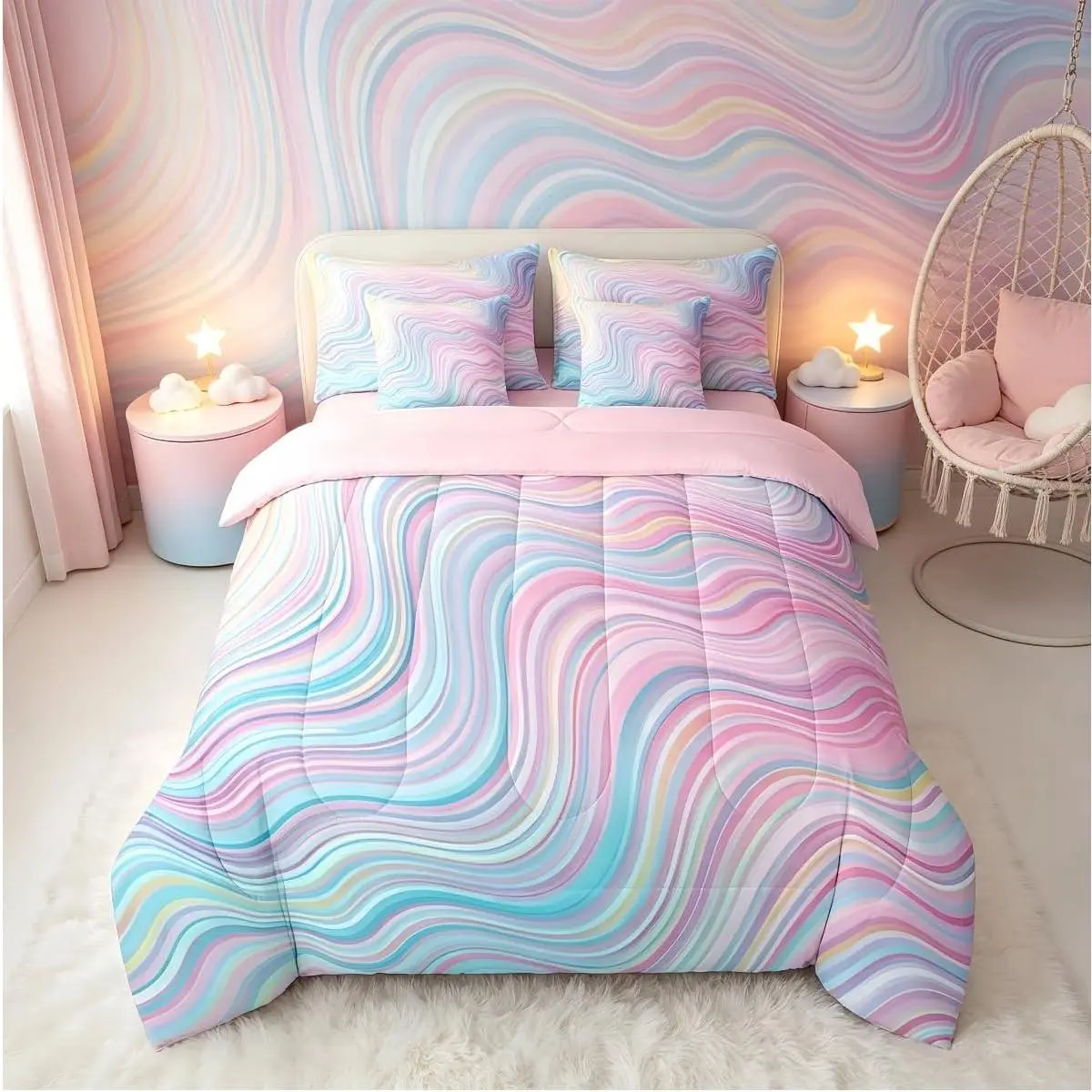 Girls Pink Rainbow Comforter Set with Sheets Stripe 7 Pieces Bedding Set Die Tye Bed in a Bag Breathable Geometric Bed Set Gift Women,back to school,back to school shopping,home decor