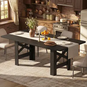 71" Long Dining Table for 6-8, Farmhouse Wooden Barn Kitchen Table for 6, Triangular Legs, Large Dining Room Table w/Thick Tabletop, Sturdy Frame, for Dinner, Kitchen, Office, Rustic Black