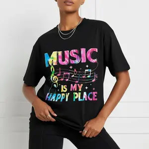 Women's Black Music-Themed Graphic T-Shirt - "Music Is My Happy Place" Slogan with Colorful Notes & Stars, Loose Fit Round Neck Short Sleeve Tee for Casual Summer Outfits & Parties, Music T Shirt, Everyday Comfort Clothes Top