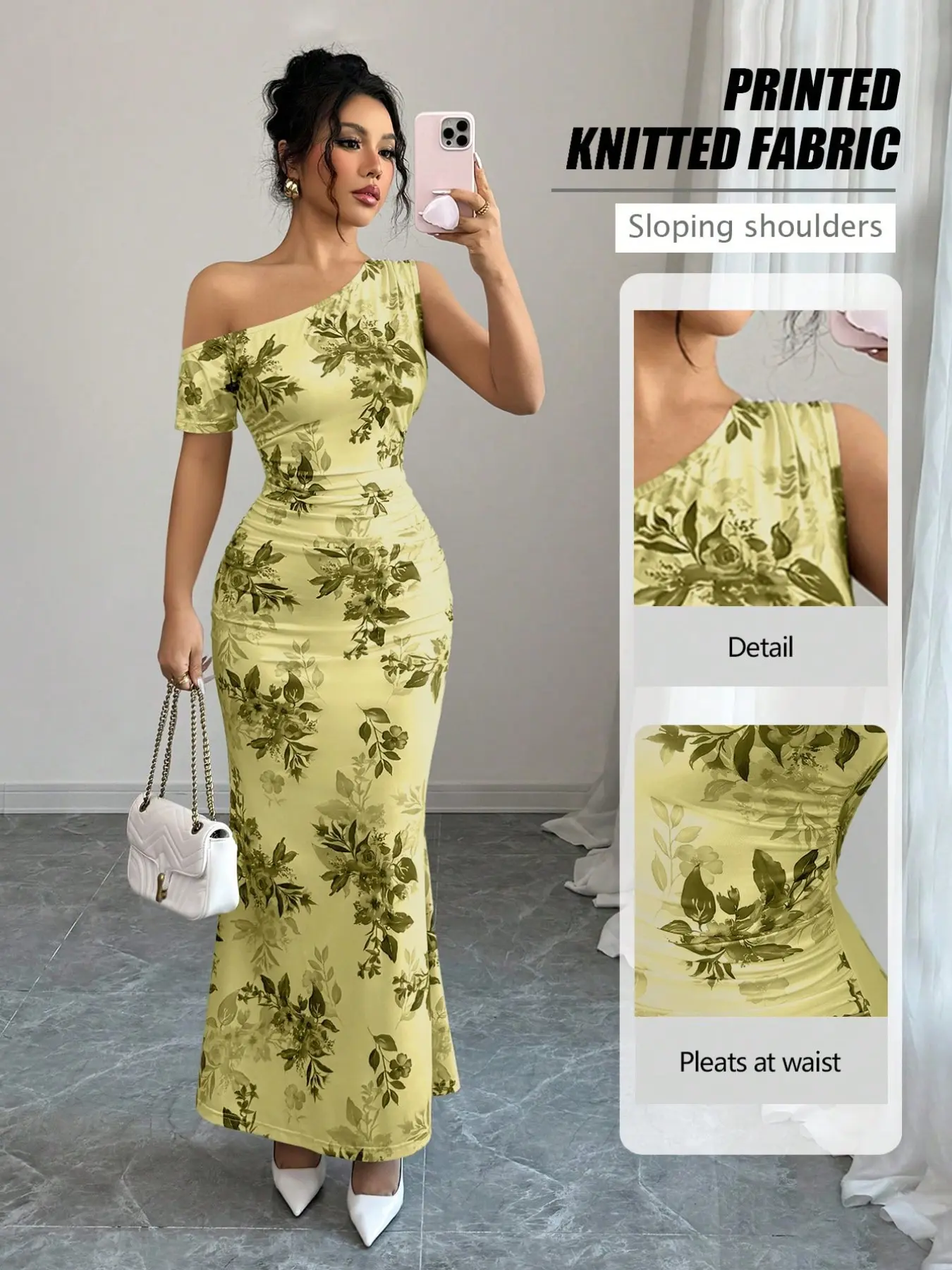 Elegant Asymmetric Shoulder Dress Style, Fitted Knee Length, Leaf Print, Split Thigh Design, Perfect for Parties and Dates
