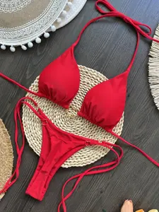 Two-Piece Set Women's Solid Color Bikini Set, Casual Halter Neck Tie Back Swim Bra & Swim Panty, Ladies Swimsuit for Beach Holiday Vacation, Swim Top, Halter Bikini Sets