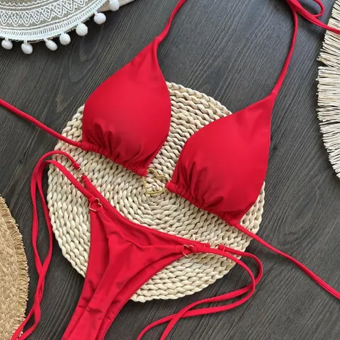 Two-Piece Set Women's Solid Color Bikini Set, Casual Halter Neck Tie Back Swim Bra & Swim Panty, Ladies Swimsuit for Beach Holiday Vacation, Swim Top, Halter Bikini Sets, Bikini Swimsuits, Bikini Swimsuit Outfit, Swimwear Set, Bikini Outfits