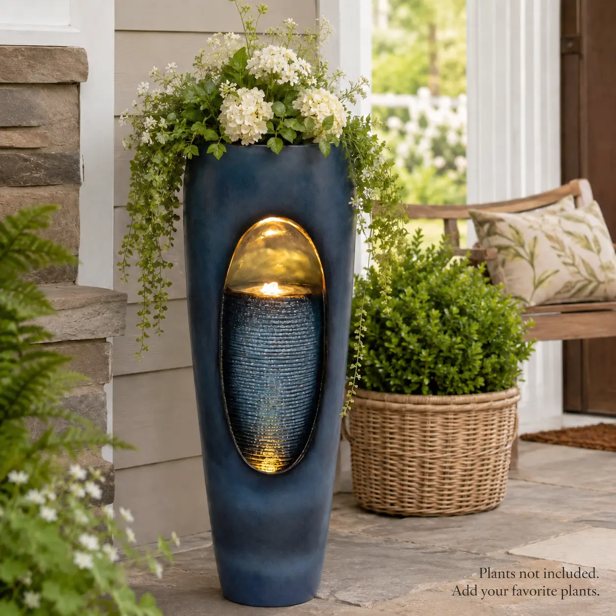 31.89in Vertical Outdoor Resin Water Fountain Planter with LED Light - Tall Garden Patio Deck Backyard Water Feature Decor