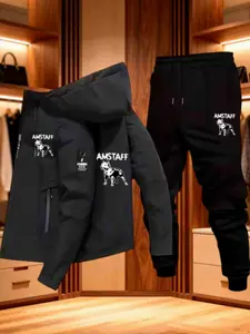 Men's Winter Outdoor Warm Set Hooded Jacket + Sports Pants, Windproof Waterproof Fleece Fashion Hiking Clothing, Casual Long Sleeve