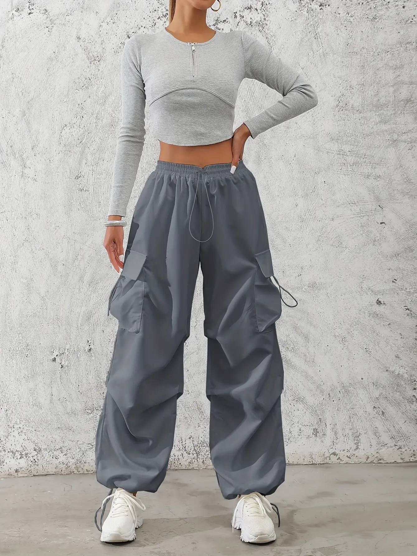 Women'S Solid Color Polyester Cargo Pants, 100% Polyester, All-Season, Drawstring Waist, Woven, 120g/m², Adult Casual Trousers