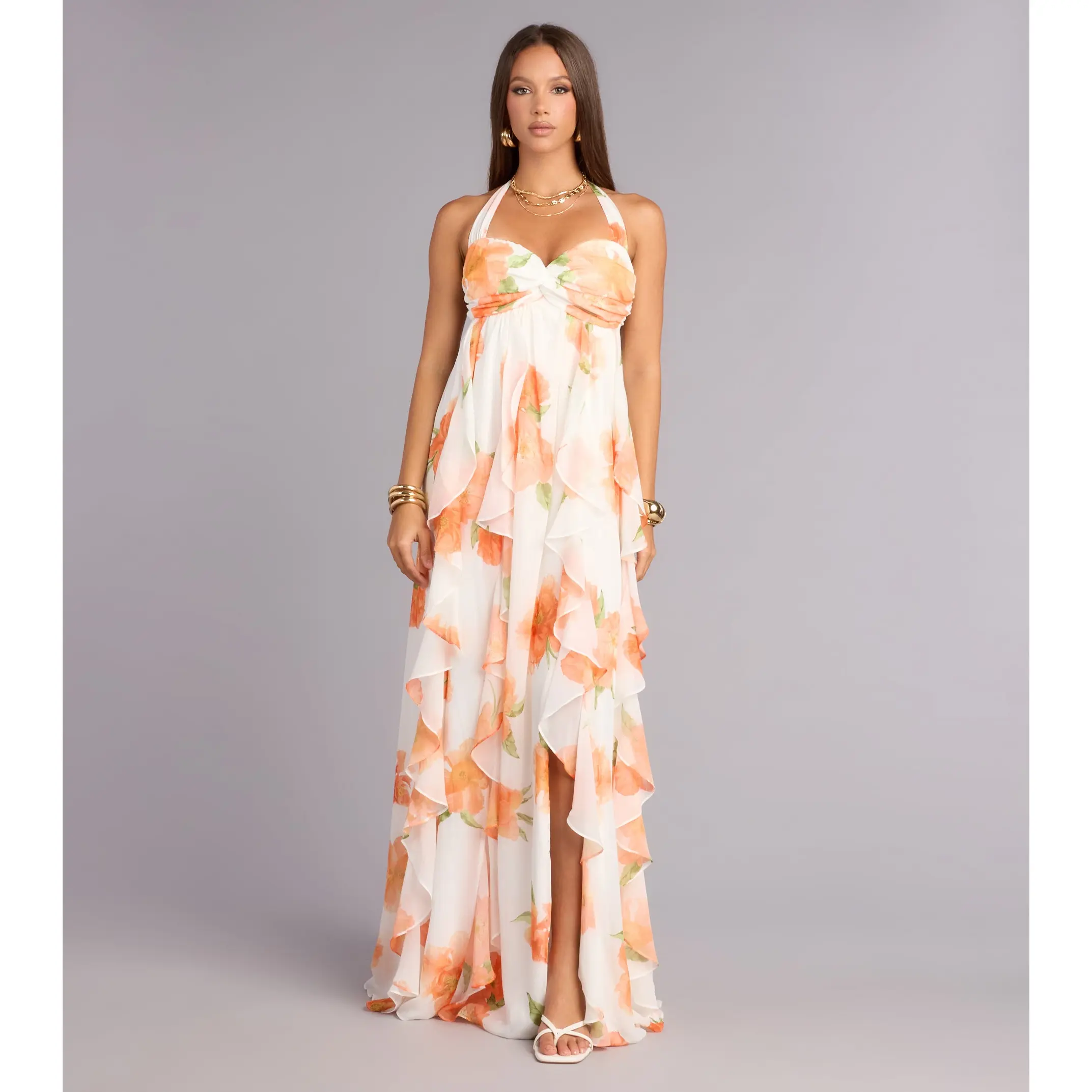 Alaiya Floral Chiffon Ruffle A-Line Dress