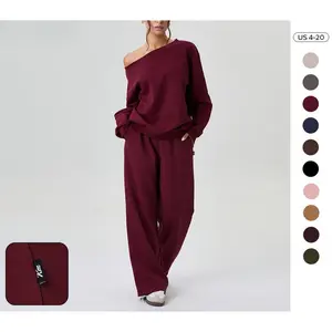 Women's Leisure Solid Color Sloping Shoulder Long Sleeve Top & Wide Leg Trousers Co-ord, Cozy Scoop Neck Loose Two Piece Outfits, Basic Womenswear