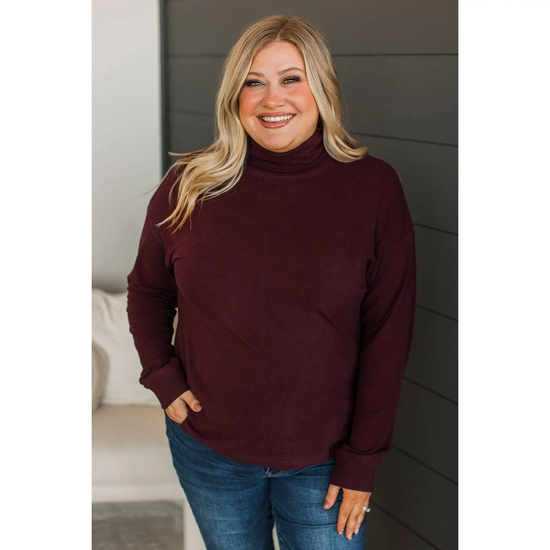 Women's Crazy For Love Cotton Knit Sweater, Maroon, Long Sleeve, Lightweight Fabric Knitwear, Fit, Casual, Sleeves, Tops, Clothes, Mock Neck, Drop Shoulder, Arm Cuffs