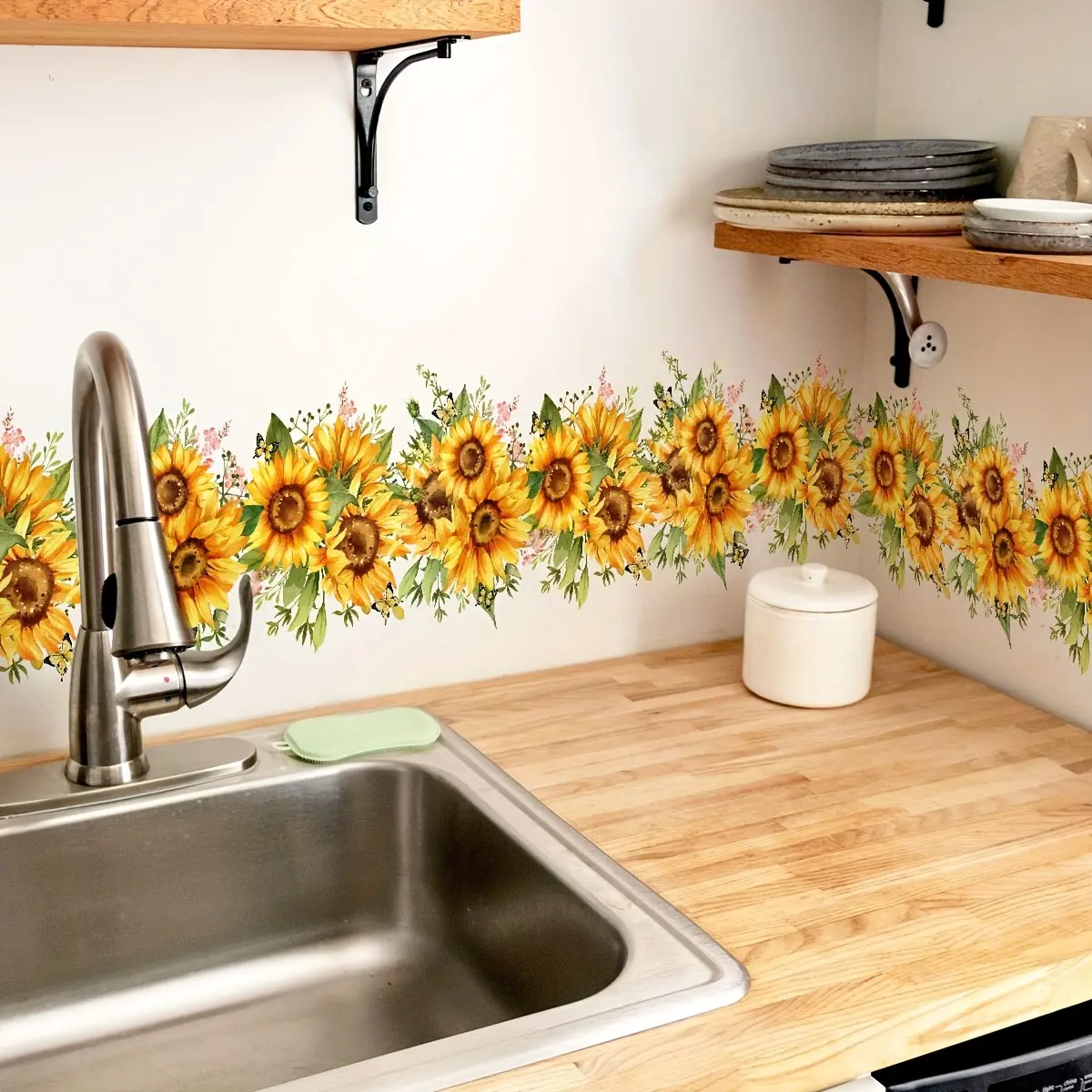 1PC Sunflower, Flower design skirting board wall stickers are easy to stick and remove, removable PVC frame self-adhesive waterproof diy stickers for home decoration, Wall Stickers Decorations, creating a sunny and warm home atmosphere, Floral Wall Decals